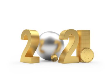 2021 numara ve beyaza izole edilmiş dolar paralarıyla gümüş noel topu. 3B illüstrasyon