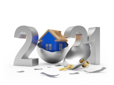 Gümüş 2021 ve mavi ev ikonu beyaz arka planda izole edilmiş kırık Noel topu üzerinde. 3B illüstrasyon