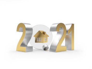 2021 numara ve beyaz arka planda izole edilmiş ev ikonu olan şeffaf Noel balosu. 3d illüstrasyon
