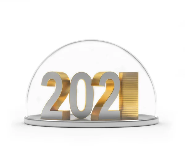 Número 2021 Com Pilha Moedas Sob Uma Cúpula Transparente Isolada — Fotografia de Stock