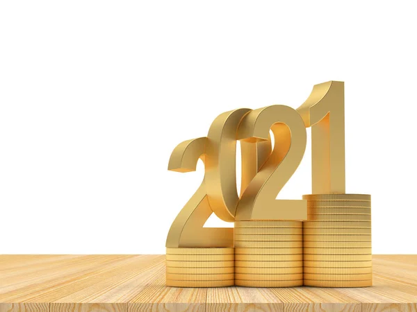 2021 Stapels Gouden Munten Een Houten Ondergrond Een Witte Ondergrond — Stockfoto