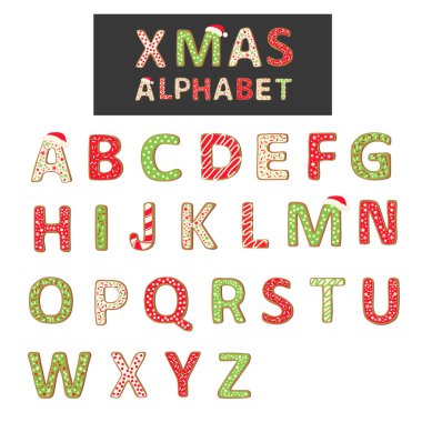 Vektör Noel Kurabiyesi Alfabesi beyaza izole edilmiş. Kırmızı beyaz, yeşil büyük harf A 'dan Z' ye.