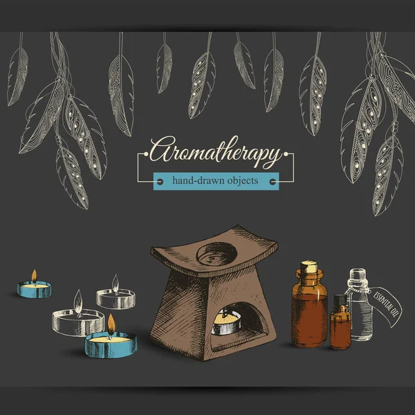 Conjunto Aromaterapia Com Lâmpada Aroma Óleos Essenciais Velas Desenho Mão —  Vetores de Stock