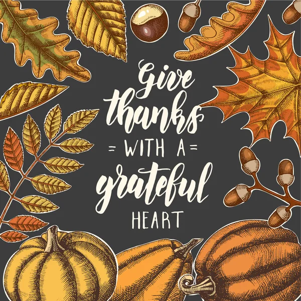 Tacka Med Ett Tacksamt Hjärta Thanksgiving Dag Bokstäver Kalligrafi Fras — Stock vektor