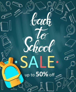 Okul pankartı satışına geri dönüyoruz. Tahtaya elle çizilmiş semboller, sırt çantası ve el yapımı harfler. Robot resim. Özel teklif,% 50 'ye çıktı. Broşür, broşür. Reklamcılık