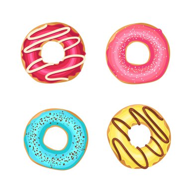 Tatlı çörekler. Beyaz üzerine izole edilmiş kiraz ve toz kaplı donutlar. Menü, reklam ve afişler için çöl. Yiyecek tasarımı