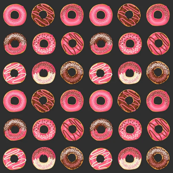 ベクトルでシームレスなパターンチョコレートと粉末と甘いピンクの釉ドーナツ フードデザイン ウェブページ 表面テクスチャ テキスタイルの背景 — ストックベクタ
