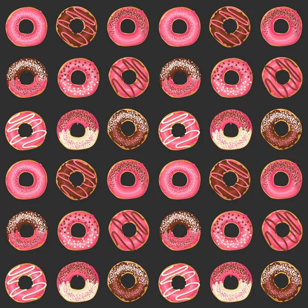 Naadloos Patroon Met Vector Sweet Roze Geglazuurde Donuts Met Chocolade — Stockvector