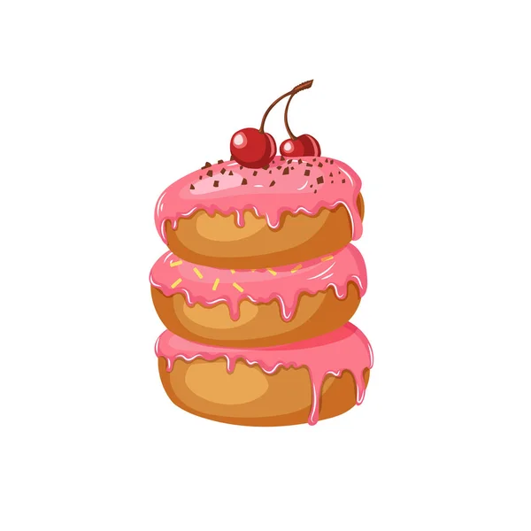 Sæt Søde Donuts Pink Glaserede Donuts Med Kirsebær Pulver Isoleret – Stock-vektor
