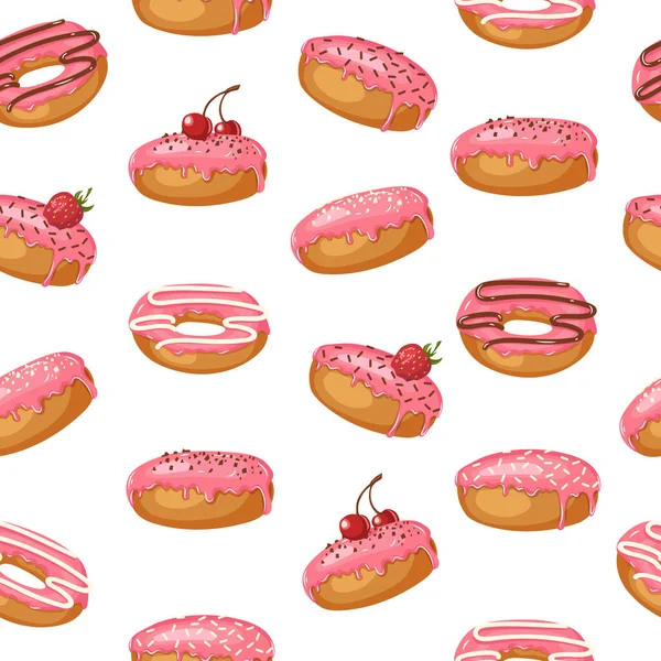 Vector Sweet Nahtloser Hintergrund Mit Rosa Glasierten Donuts Mit Beeren — Stockvektor