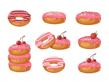 Beyaz üzerine izole edilmiş toz, kiraz, çilek ve çikolata kremalı Vector Sweet marka pembe donutlar. Yemek tasarımı. Tatiller, doğum günleri, afişler, şablonlar.