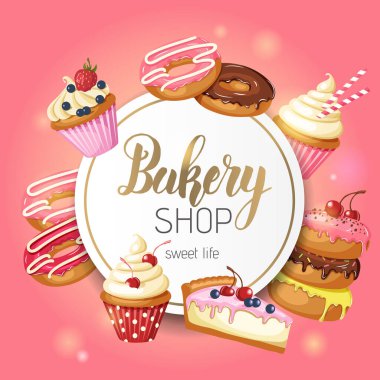 Tatlı Fırın arkaplan çerçevesi, jöleli çörek, cheesecake ve vişneli kek, çilek ve pembe üzerine yabanmersini. El yapımı harfler. Menü için çöl. Yiyecek tasarımı.