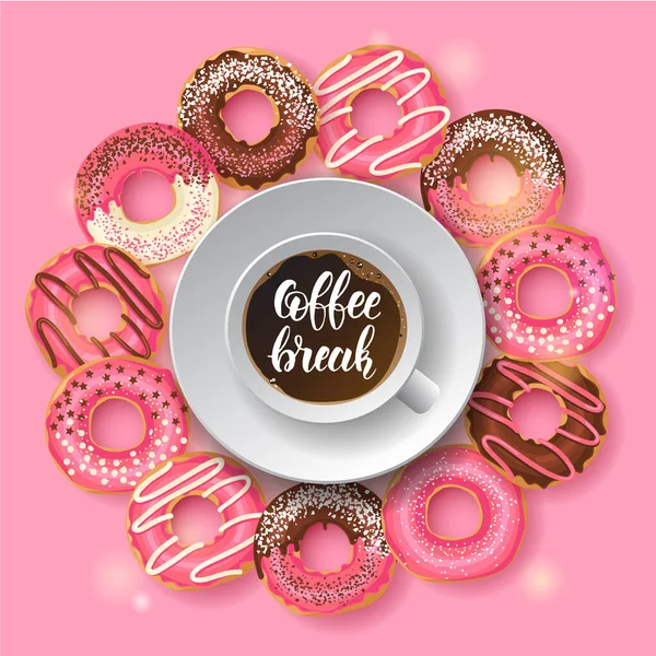 Sweet Bakery Hintergrund Rahmen Mit Glasierten Donuts Und Tasse Kaffee — Stockvektor