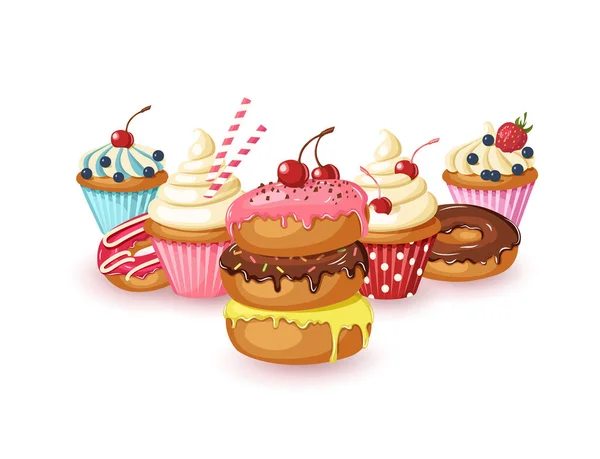 Sweet Bakery Hintergrund Mit Glasierten Donuts Käsekuchen Und Cupcakes Mit — Stockvektor