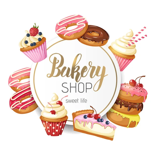 Sweet Bakery Sfondo Cornice Con Ciambelle Smaltate Cheesecake Cupcake Con — Vettoriale Stock