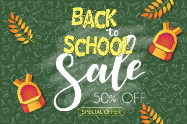 Vector Back okula dönüyor. El çizim stili semboller çiziyor. Sonbahar yaprakları ve sırt çantası tahtada. Özel teklif,% 50 'ye çıktı. Broşür, broşür. Mektup. Reklamcılık