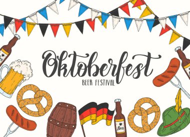 Oktoberfest kutlama afişi, karalama ve renkli bira bardağı, şapka, bayrak çelengi, simit, sosis, karatahtaya bayrak. El yapımı harfler. Robot resim. Oktoberfest tasarımı 