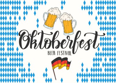Oktoberfest el yazısı, bira kupası ve robot resimde Alman bayrağı. Bira festivali 2019. Robot resim. Oktoberfest menü, poster, afiş, broşür için baskı tasarımı