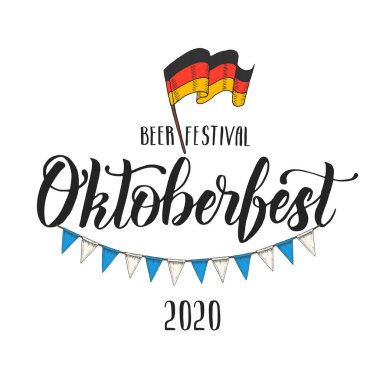 Oktoberfest el yazısı, bayrak çelengi ve Alman bayrağıyla yazılmış. Bira festivali 2019. Robot resim. Oktoberfest menü, poster, afiş, broşür için baskı tasarımı,
