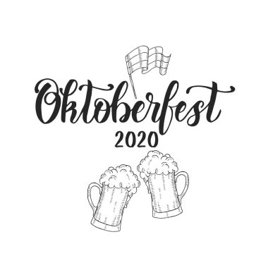 Oktoberfest el yazısı, bira kupası ve Alman bayrağı. Bira festivali 2020. Robot resim. Oktoberfest menü, poster, afiş, broşür için baskı tasarımı