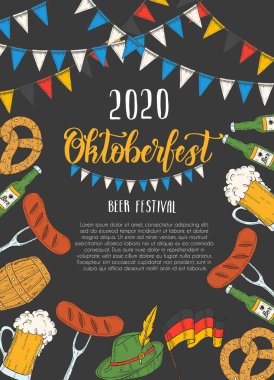 Oktoberfest kutlama posteri, el yapımı harfler ve bir bardak bira, şapka, fıçı, bayrak çelengi, Alman bayrağı, pretzel, sosis. Bira festivali 2020. Çizim. Oktoberfest tasarımı. 
