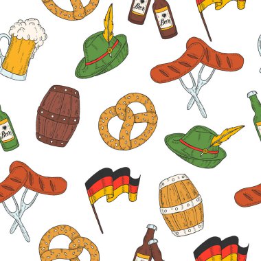 Renkli ikon varilleri, cam, şişe, simit, bayrak çelengi, sosis ve Alman bayrağıyla Ekim Festivali kusursuz deseni. Menü, reklam ve afişler için tasarım. Duvar kağıdı ve dokular için..