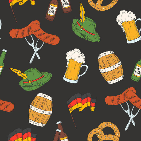 Oktoberfest seamless pattern with colored icons barrel, glass, bottle, pretzel, flag garland, sausage, german flag in sketch style. Design for menu, advertising and banners.for wallpaper, textures.