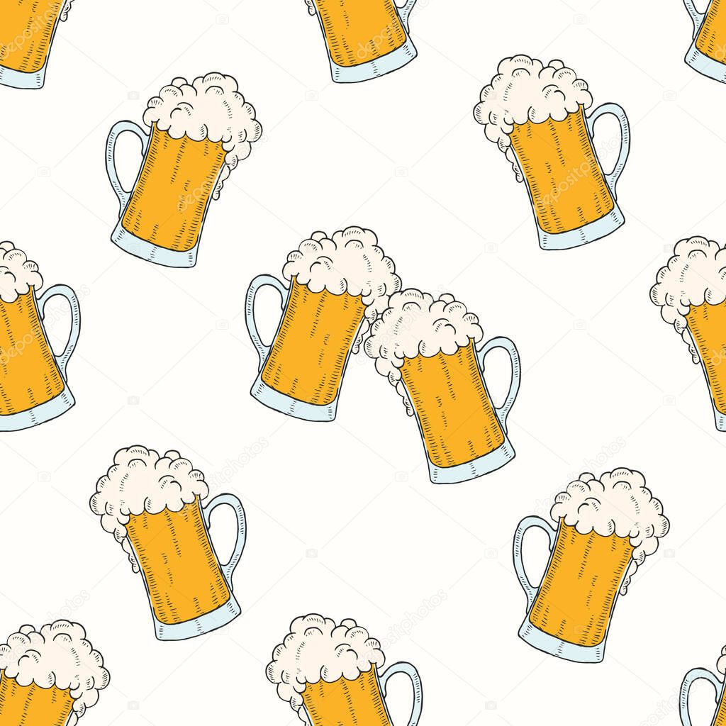 Oktoberfest seamless pattern with colored icons glasses of beer in sketch style. Design for menu, advertising and banners.for wallpaper, textures.