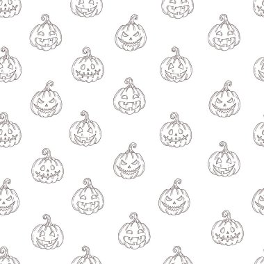 Cadılar Bayramı Balkabağı Jack 'le kusursuz desen çizim tarzında beyaza izole edilmiş. Paketler, arka planlar, web sayfaları için şenlikli doku