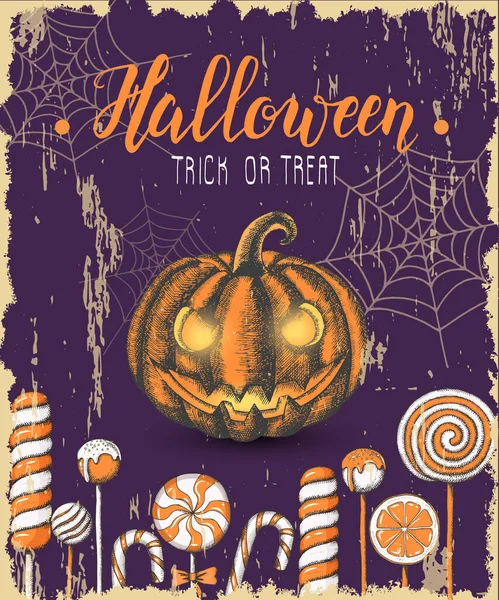 Cartel Vintage Celebración Halloween Con Caramelos Dibujados Mano Calabaza Halloween — Vector de stock
