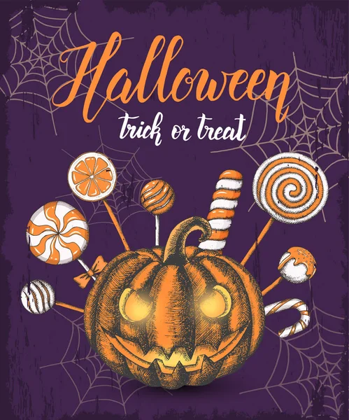 Festa Halloween Poster Vintage Con Caramelle Colorate Disegnate Mano Zucca — Vettoriale Stock