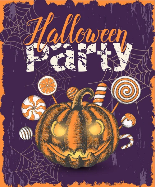 Cartel Vintage Celebración Halloween Con Caramelos Dibujados Mano Calabaza Halloween — Vector de stock