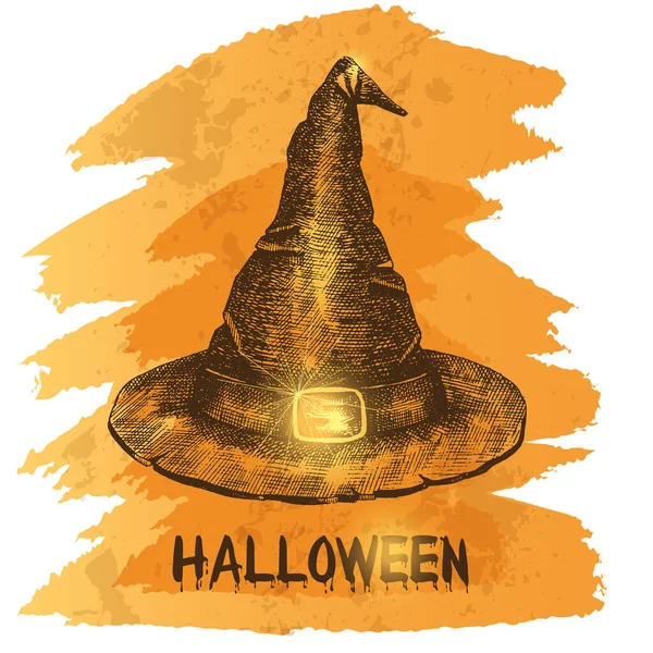 Cartel Con Sombrero Bruja Halloween Boceto Ilustración Vectorial — Vector de stock