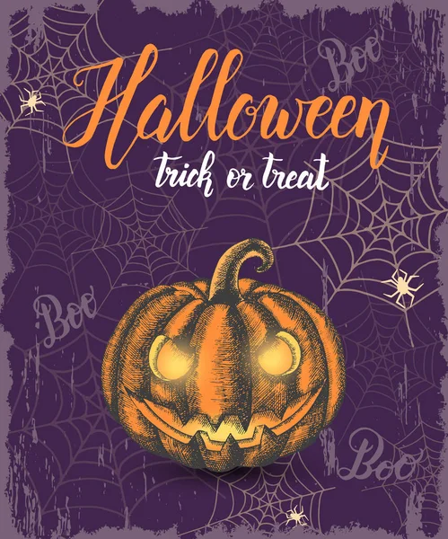 Halloween Celebration Vintage Poster Hand Drawn Colored Candies Halloween Pumpkin — Stock Vector