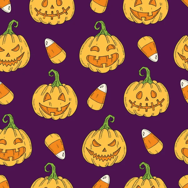 Seamless Pattern Halloween Colored Pumpkin Jack Candy Corn Sketch Style — Stock Vector