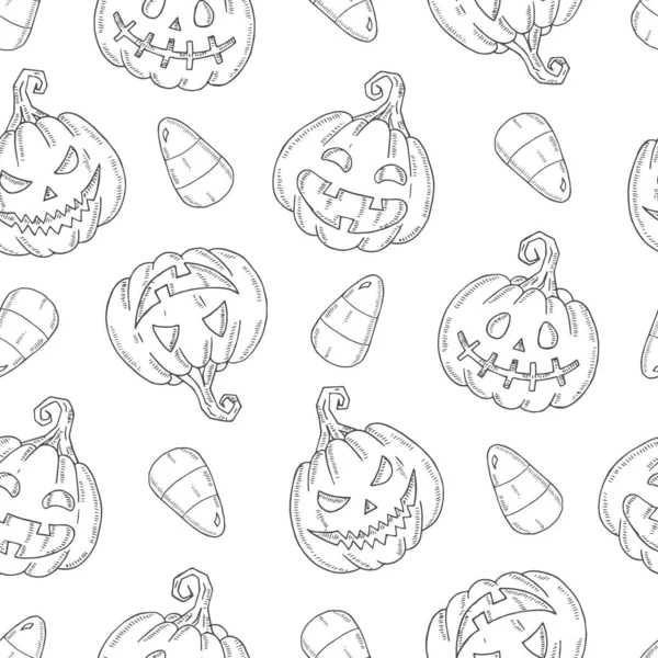 Seamless Pattern Halloween Pumpkin Jack Candy Corn Sketch Style Isolated — Stock Vector