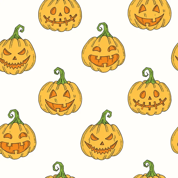 Seamless Pattern Halloween Colored Icons White Pumpkin Jack Sketch Style — Stock Vector