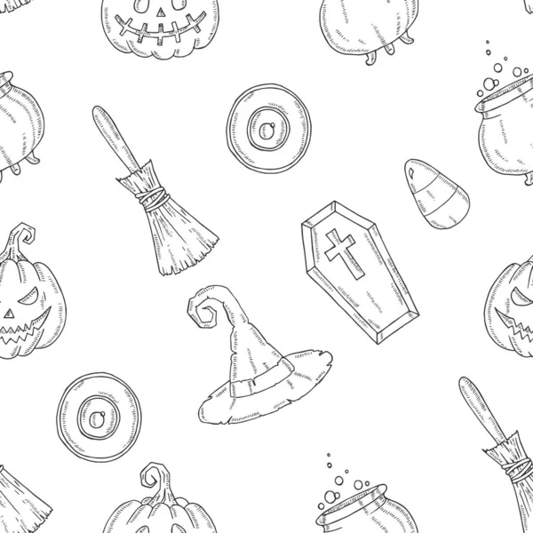 Seamless Pattern Halloween Icons Pumpkin Jack Witch Hat Broom Hat — Stock Vector