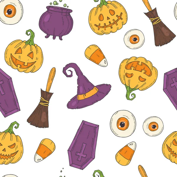 Seamless Pattern Halloween Colored Icons Pumpkin Jack Witch Hat Broom — Stock Vector