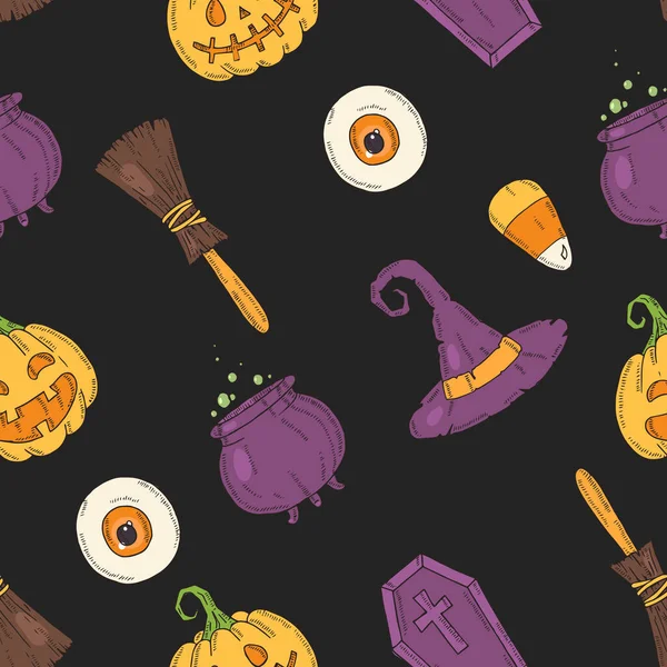 Seamless Pattern Halloween Colored Icons Pumpkin Jack Witch Hat Broom — Stock Vector