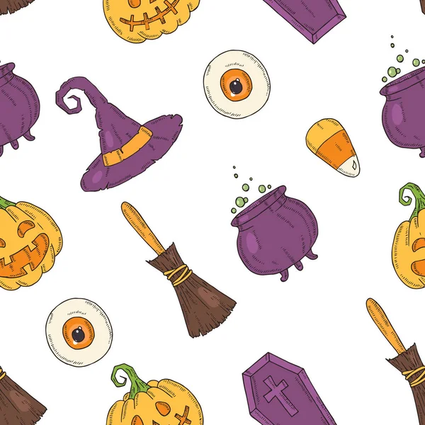 Patrón Sin Costuras Con Iconos Colores Halloween Calabaza Jack Sombrero — Archivo Imágenes Vectoriales