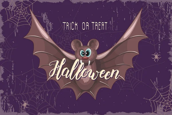 Halloween Design Celebrazione Con Pipistrello Cartone Animato Sfondo Vintage Lettere — Vettoriale Stock