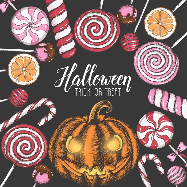 Sfondo Celebrazione Halloween Con Caramelle Colorate Disegnate Mano Zucca Halloween — Vettoriale Stock