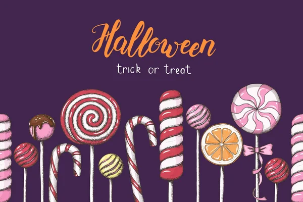 Patrón Sin Costuras Halloween Con Caramelos Dibujados Mano Letras Hechas — Vector de stock