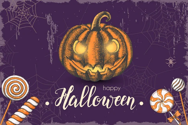 Fiesta Halloween Fondo Vintage Con Caramelos Dibujados Mano Web Calabaza — Vector de stock