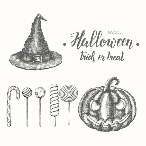 Set Oggetti Disegnati Mano Halloween Zucca Cappello Caramelle Stile Schizzo — Vettoriale Stock