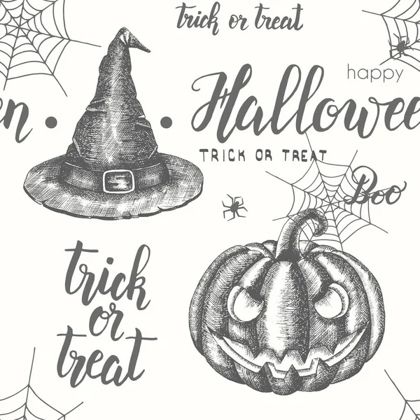 Patrón Sin Costuras Halloween Con Calabaza Dibujada Mano Sombrero Tela — Vector de stock