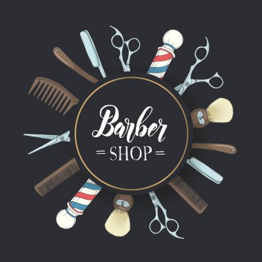El çizimi berber çerçeve ustura, makas, tıraş fırçası, tarak, eskiz tarzında klasik berber direği. Mektup. Vektör çizimi. Broşür, broşür için. Reklamcılık