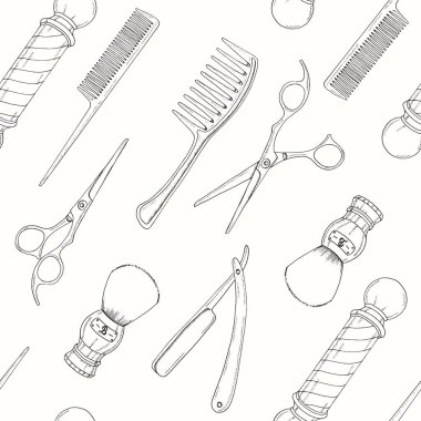 Berber Dükkanı 'nın pürüzsüz desenli, çizik elli jilet, makas, tıraş fırçası, tarak, klasik berber dükkânı direği. Robot resim. Mektup. Duvar kağıdı için, web sayfası arkaplanı