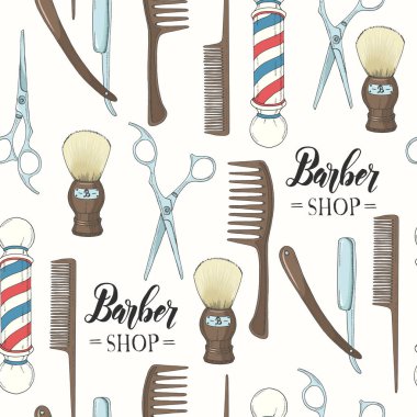 Renkli el yapımı jilet, makas, tıraş fırçası, tarak, siyaha klasik berber dükkanı direği. Robot resim. Mektup. Duvar kağıdı için, web sayfası arkaplanı